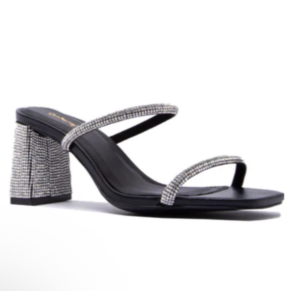 Black Rhinestone Wedge Sandal Block Heels - Size 8.5